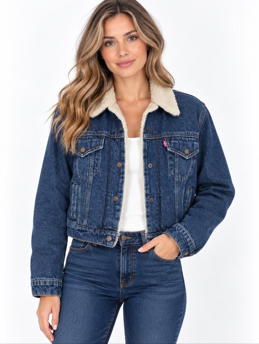 Levi’s Women’s L Sherpa Lined Denim Trucker Jacket Cropped Blue Jean WaterLess